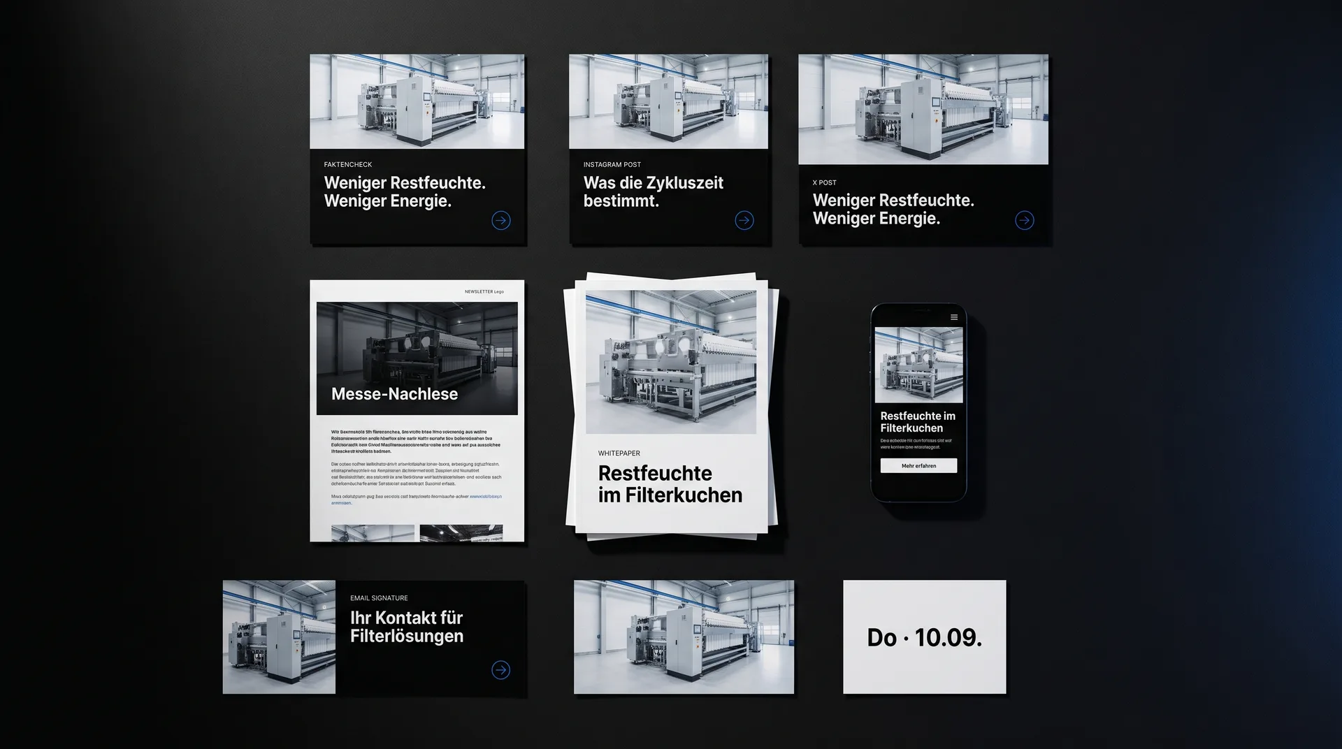 Alle Ergebnisse einer Kampagne als Flat-Lay: Social-Slides, Newsletter, Whitepaper, Landing Page, Signatur-Banner