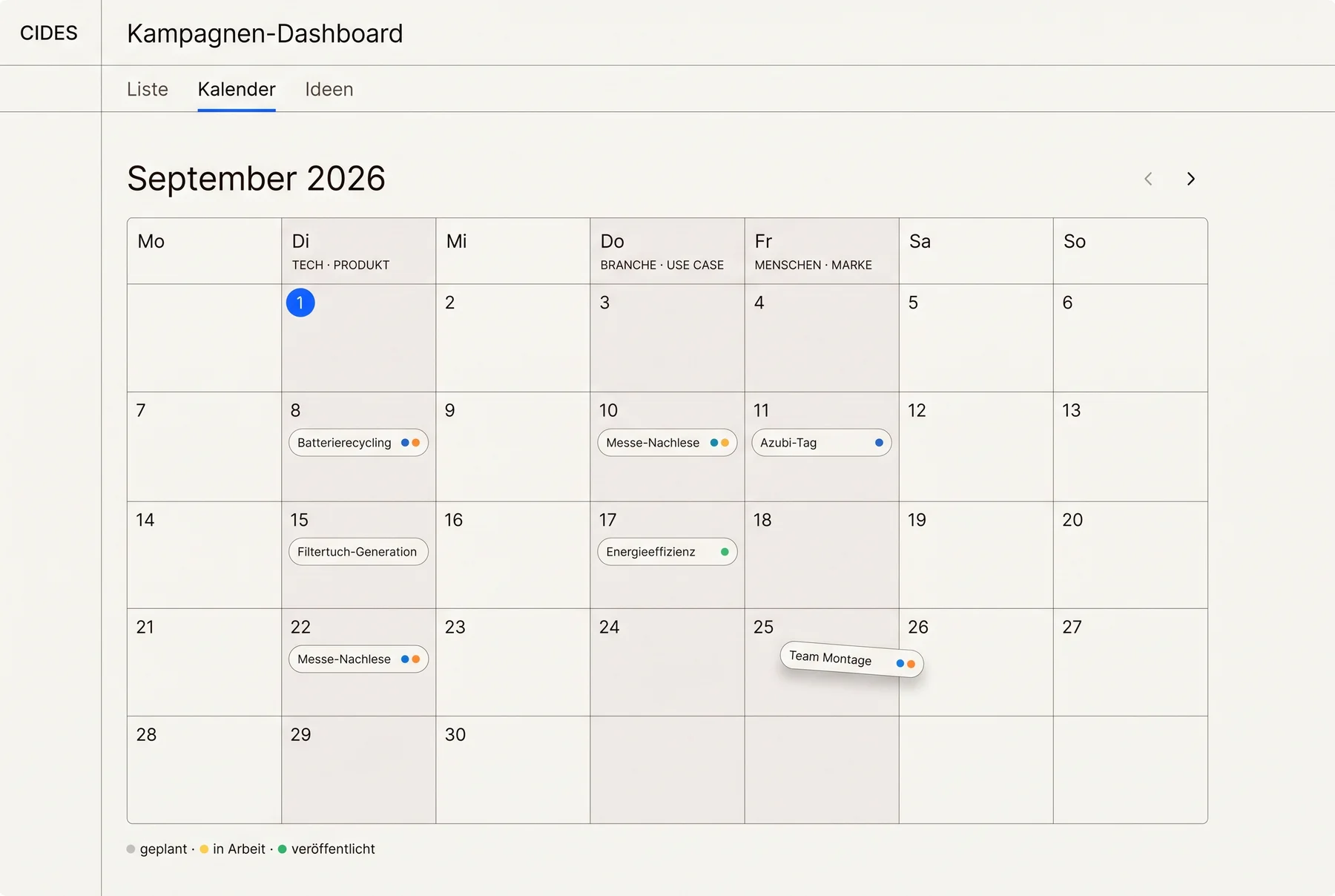 Kampagnen-Dashboard, Kalenderansicht mit Themen-Tagen Dienstag, Donnerstag und Freitag