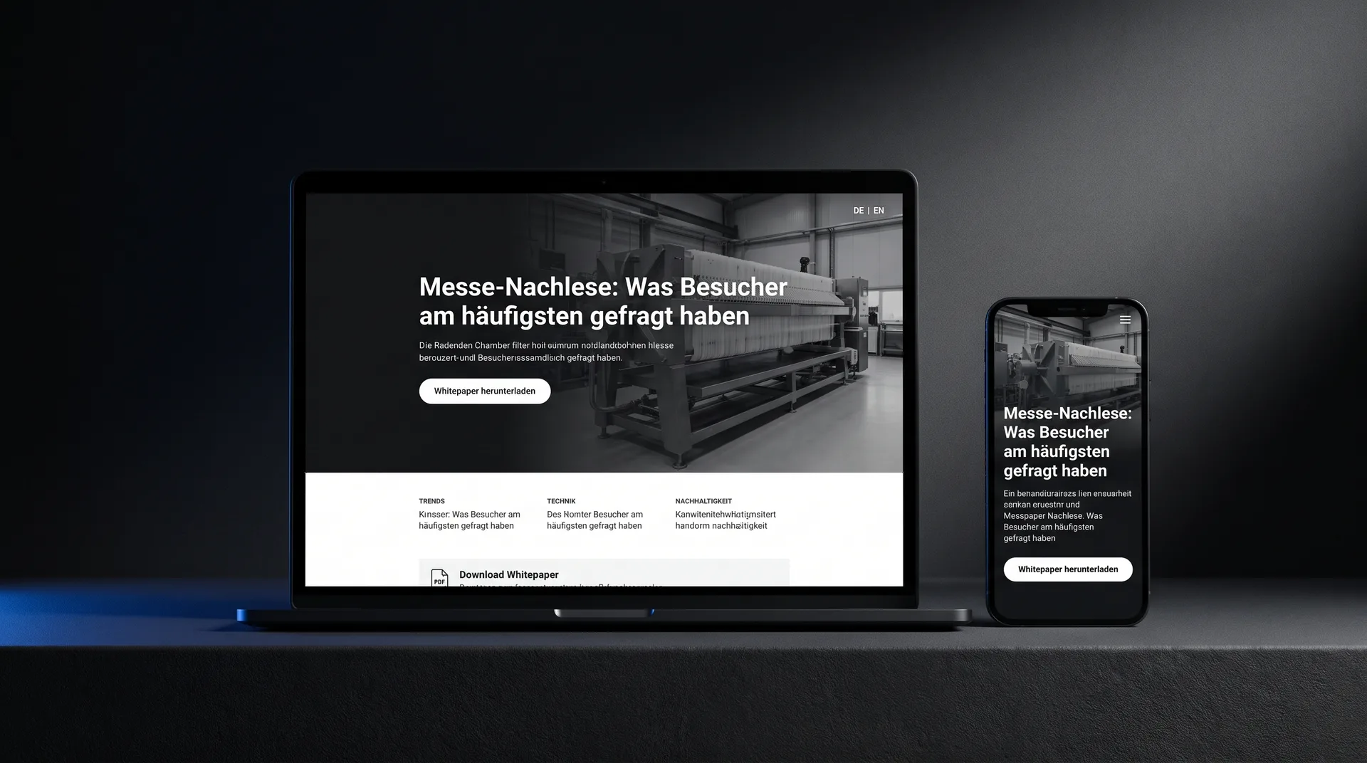 Landing Page auf Laptop und Smartphone mit Sprachwechsel DE/EN und Whitepaper-Download