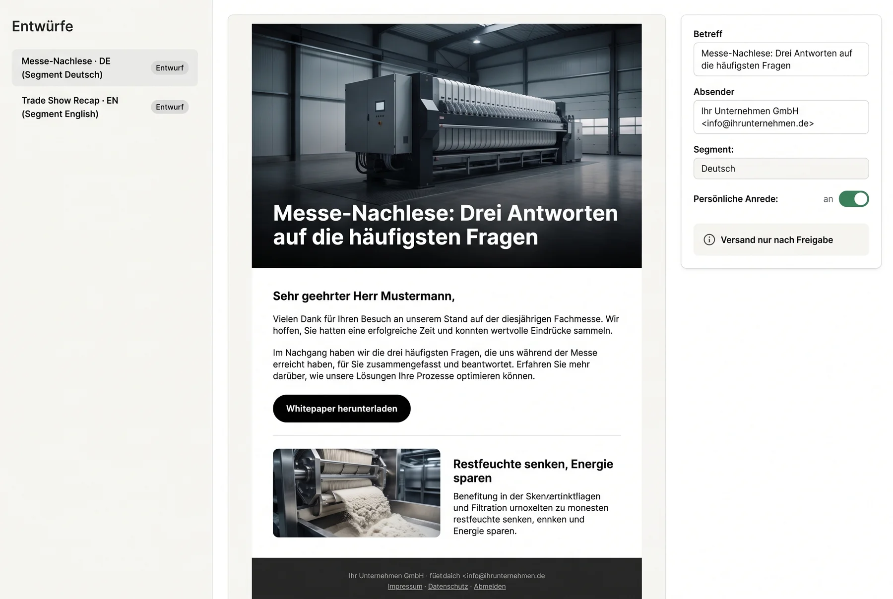Newsletter-Entwurf im Versandtool mit persönlicher Anrede, Hero-Bild und Download-Button, daneben die englische Fassung