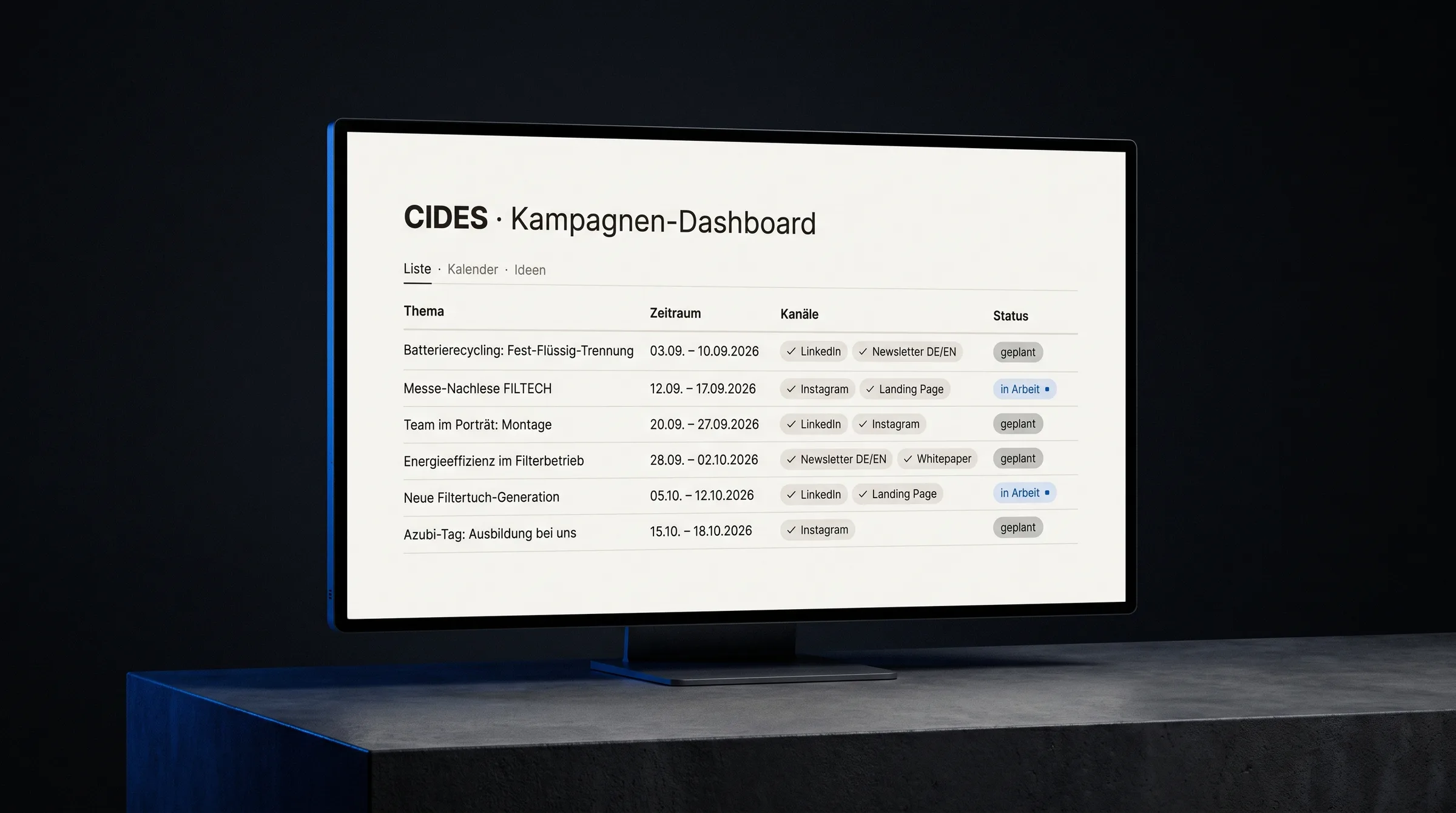 CIDES Kampagnen-Dashboard auf einem Monitor im dunklen Studio: Liste geplanter Kampagnen mit Kanälen und Status